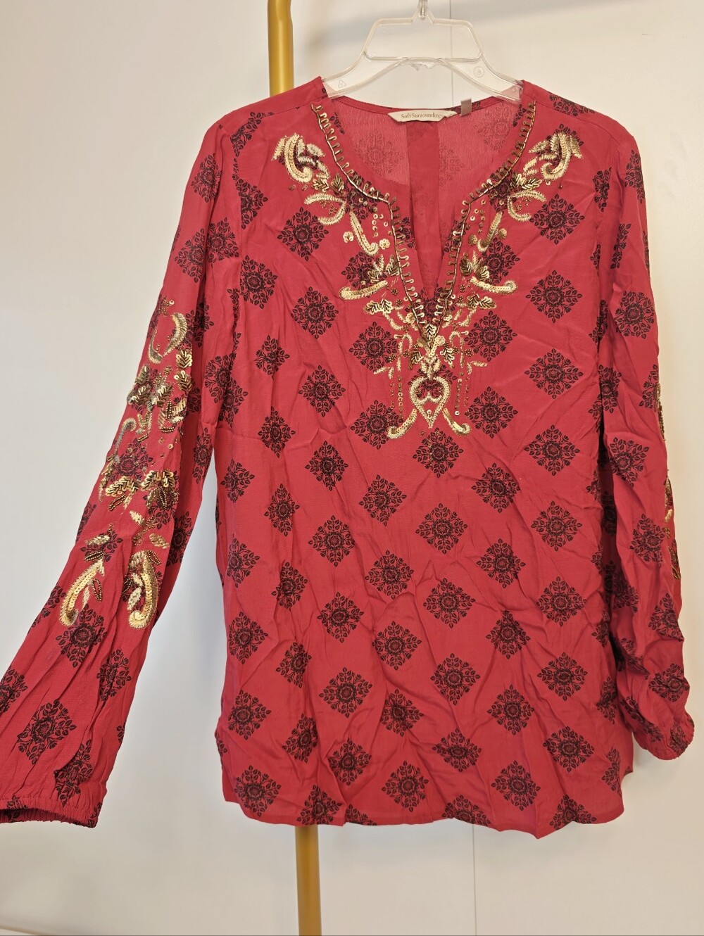 Soft Surroundings Boho Red Tunic with Goldwork Embroidery Long Sleeves Sz M